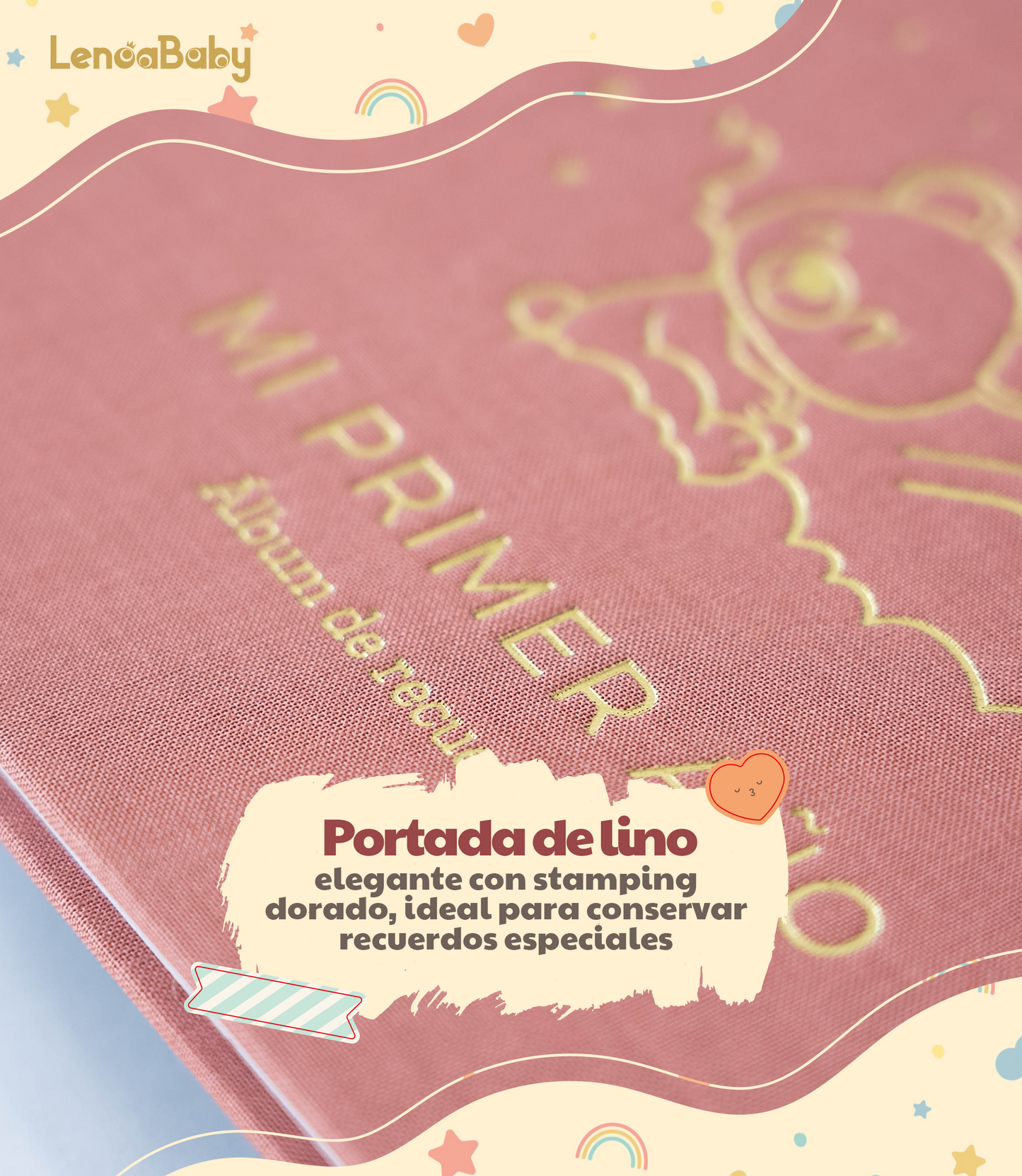 Álbum bebé lino dorado Lenoa Baby, portada de lino natural con estampado dorado, encuadernación cosida apertura 180º, 75 páginas papel 150 g FSC y pegatinas, árbol genealógico, 12 meses de hitos, tabla de crecimiento, regalo recién nacido y baby shower