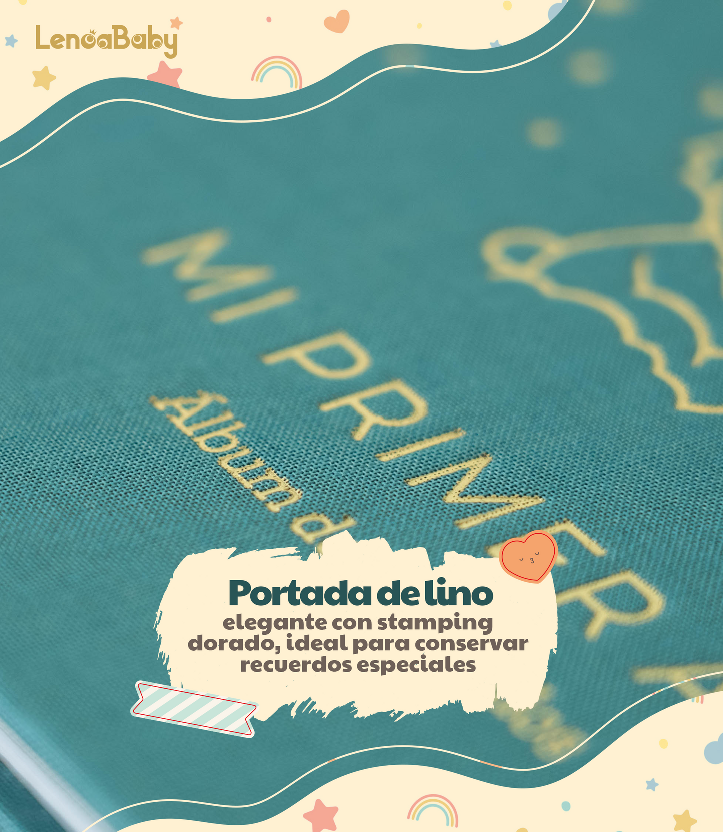 Álbum bebé lino dorado Lenoa Baby, portada de lino natural con estampado dorado, encuadernación cosida apertura 180º, 75 páginas papel 150 g FSC y pegatinas, árbol genealógico, 12 meses de hitos, tabla de crecimiento, regalo recién nacido y baby shower