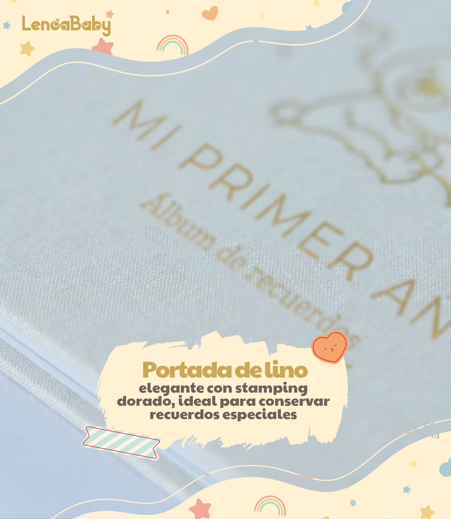 Álbum bebé lino dorado Lenoa Baby, portada de lino natural con estampado dorado, encuadernación cosida apertura 180º, 75 páginas papel 150 g FSC y pegatinas, árbol genealógico, 12 meses de hitos, tabla de crecimiento, regalo recién nacido y baby shower