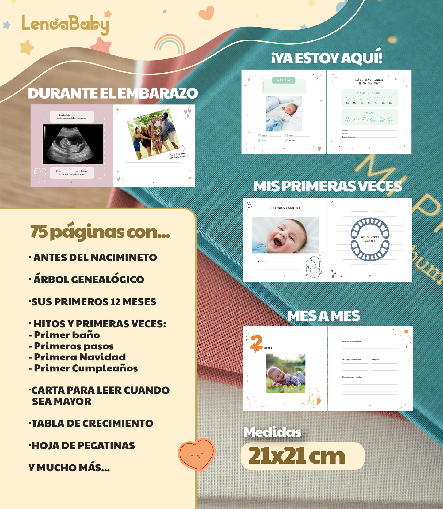 Álbum bebé lino dorado Lenoa Baby, portada de lino natural con estampado dorado, encuadernación cosida apertura 180º, 75 páginas papel 150 g FSC y pegatinas, árbol genealógico, 12 meses de hitos, tabla de crecimiento, regalo recién nacido y baby shower
