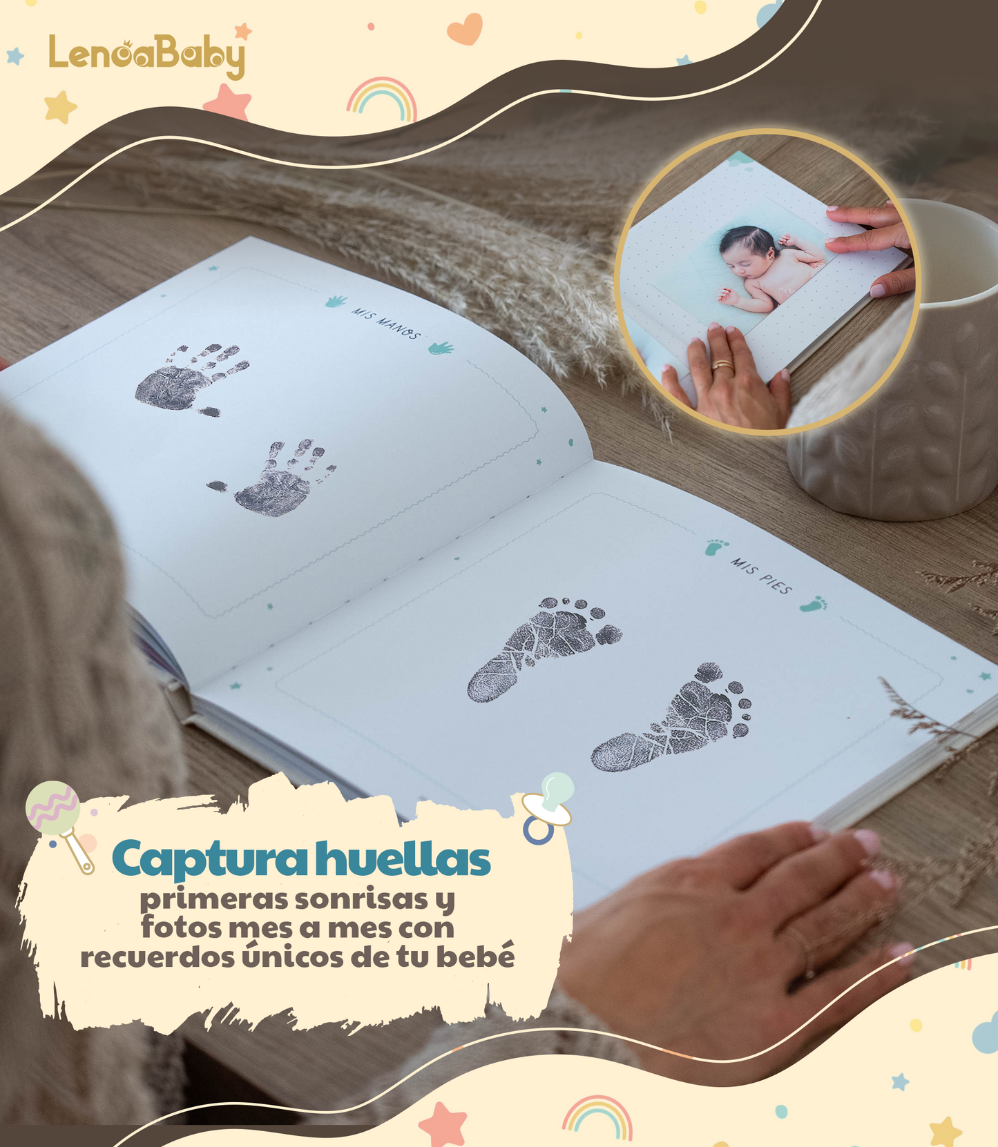 Álbum bebé lino dorado Lenoa Baby hecho en España, portada de lino con estampado dorado, encuadernación cosida apertura plana 180º, 75 páginas papel 150 g FSC con pegatinas, árbol genealógico, 12 meses de hitos y tabla de crecimiento, regalo recién nacido y baby shower