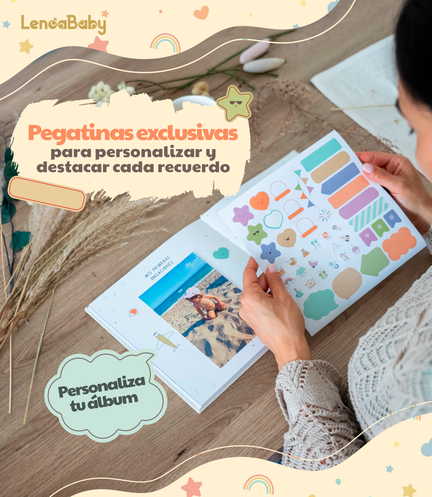 Álbum bebé lino dorado Lenoa Baby, portada de lino natural con estampado dorado, encuadernación cosida apertura 180º, 75 páginas papel 150 g FSC y pegatinas, árbol genealógico, 12 meses de hitos, tabla de crecimiento, regalo recién nacido y baby shower
