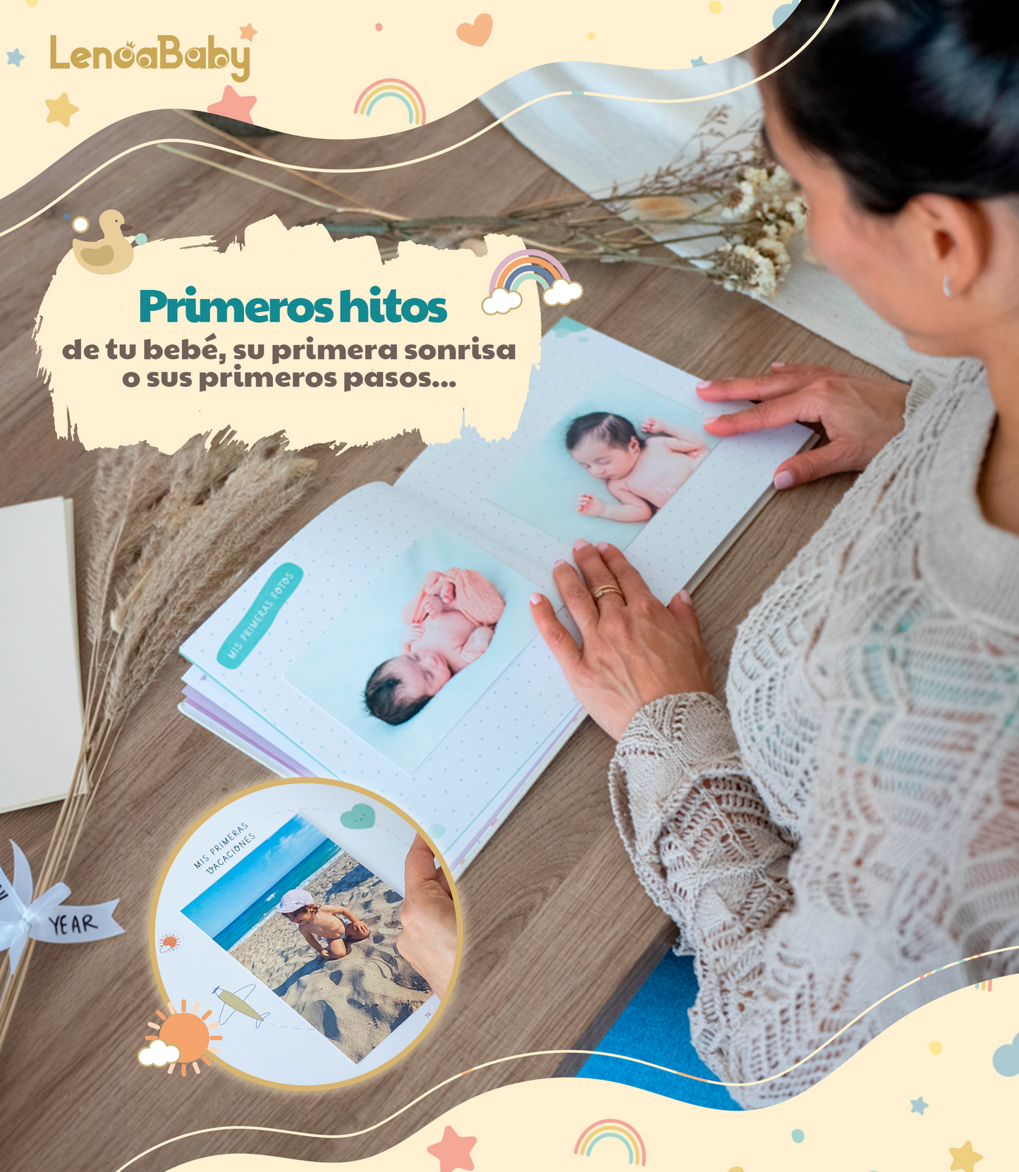Álbum bebé lino dorado Lenoa Baby, papel 150 g FSC y encuadernación cosida layflat 180º
Portada lino natural título dorado relieve, regalo recién nacido baby shower, hecho en España
Hoja de pegatinas para personalizar; papel 150 g FSC sin transparencias, diseño minimalista
Árbol genealógico, antes del nacimiento y 12 meses de hitos; tabla crecimiento y carta futura
75 páginas, apertura plana 180º para escribir y pegar
Papel 150 g FSC y lomo cosido duradero; álbuálbum fotos bebé unisex, sostenible, premium