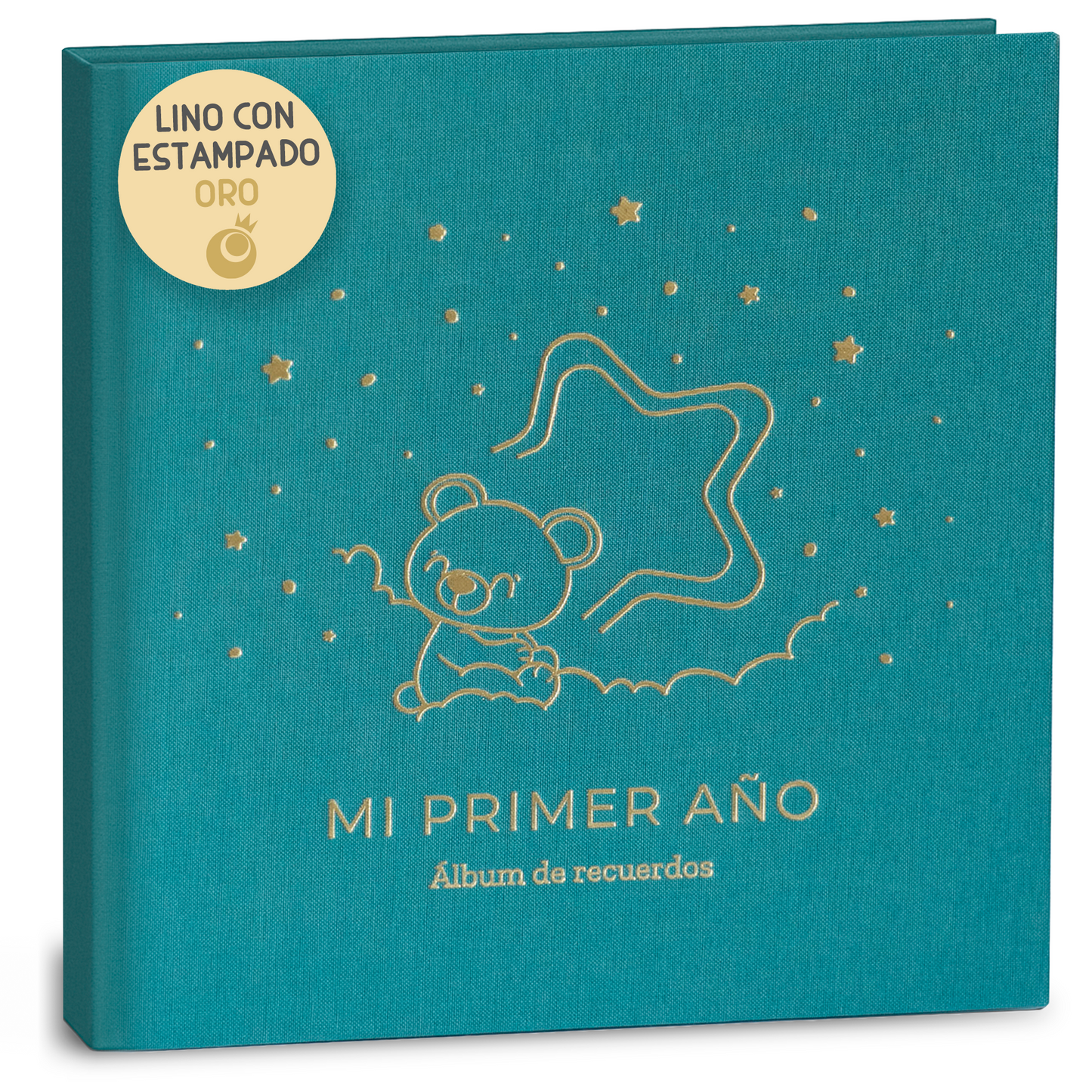 Álbum bebé lino dorado Lenoa Baby, portada de lino natural con estampado dorado, encuadernación cosida apertura 180º, 75 páginas papel 150 g FSC y pegatinas, árbol genealógico, 12 meses de hitos, tabla de crecimiento, regalo recién nacido y baby shower