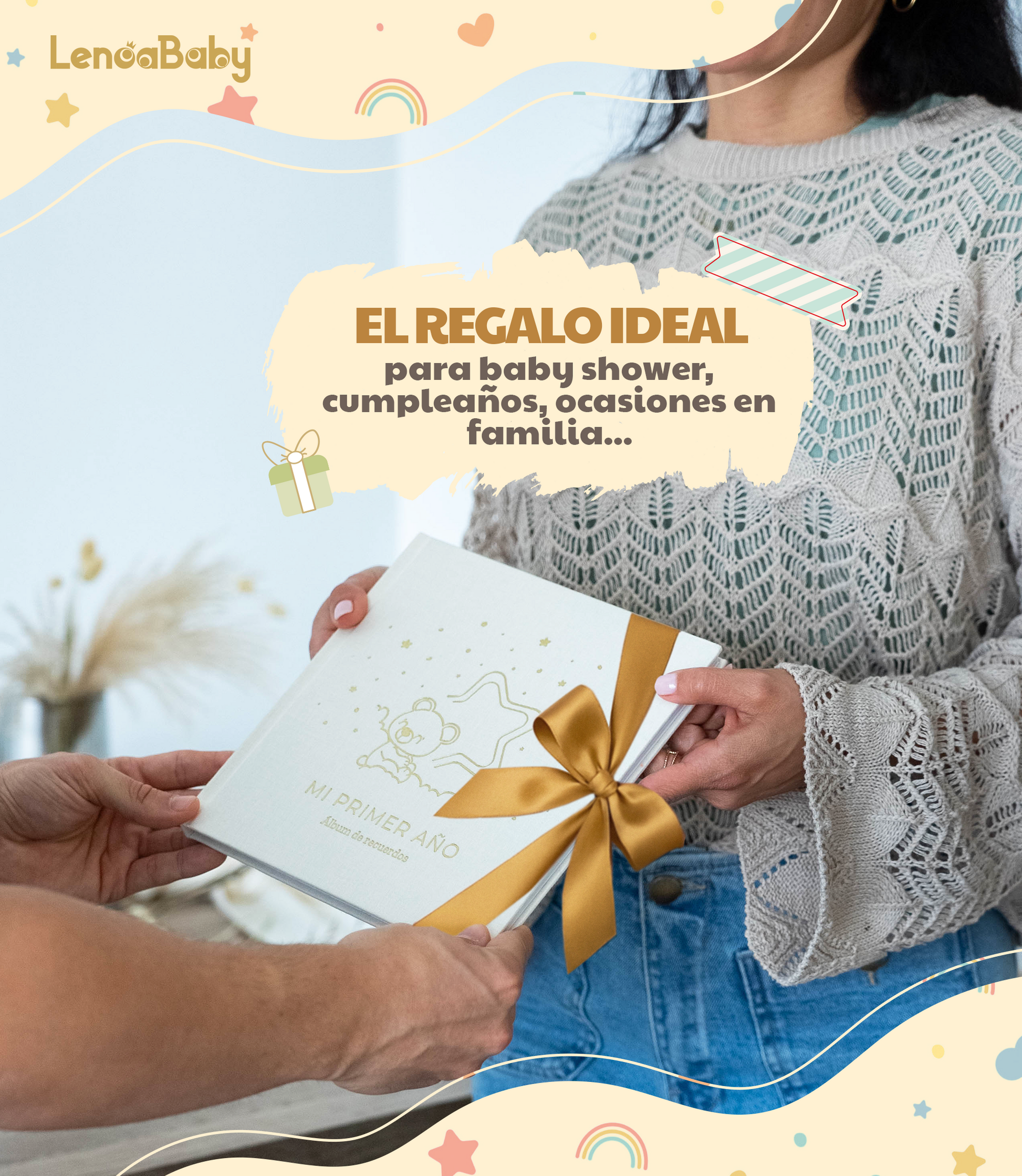 Álbum bebé lino dorado Lenoa Baby, portada de lino natural con estampado dorado, encuadernación cosida apertura 180º, 75 páginas papel 150 g FSC y pegatinas, árbol genealógico, 12 meses de hitos, tabla de crecimiento, regalo recién nacido y baby shower