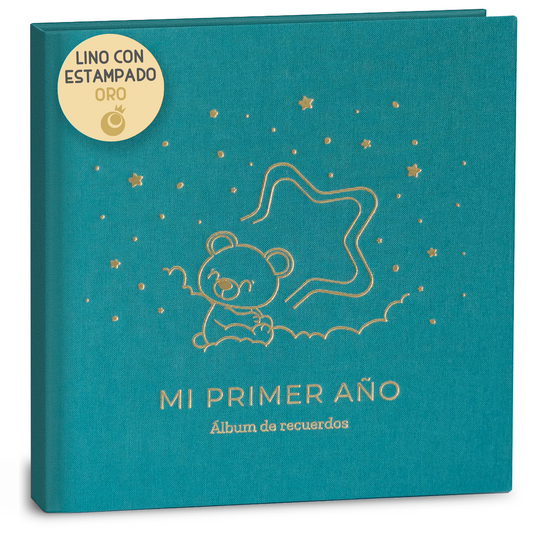 Álbum bebé lino dorado Lenoa Baby, portada de lino natural con estampado dorado, encuadernación cosida apertura 180º, 75 páginas papel 150 g FSC y pegatinas, árbol genealógico, 12 meses de hitos, tabla de crecimiento, regalo recién nacido y baby shower